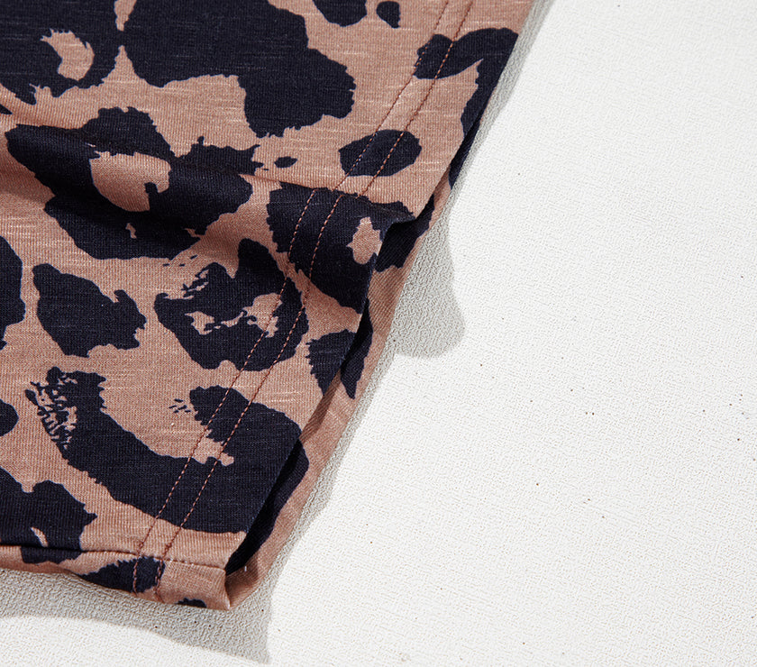 Brown Leopard Print V Neck Half Sleeve Oversized Tee