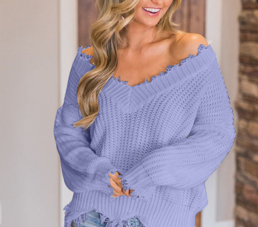 Frayed Hem Dropped Shoulder Sweater