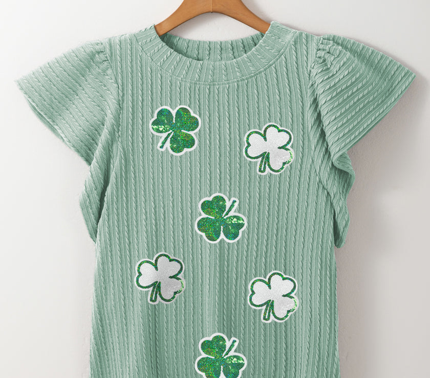 Sequin Lucky Clover Round Neck Cap Sleeve Blouse