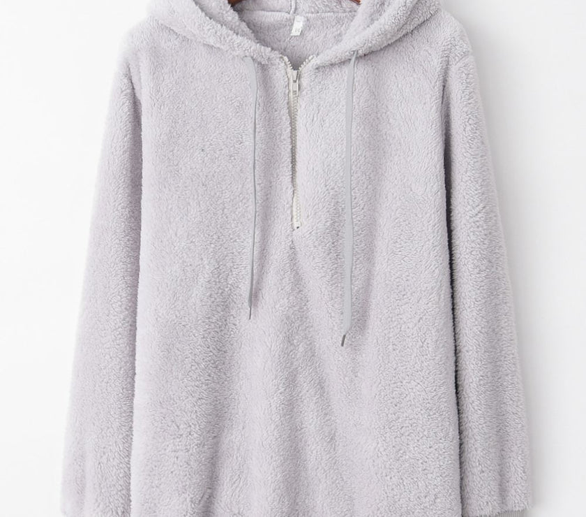 Full Size Quarter-Zip Drawstring Teddy Hoodie