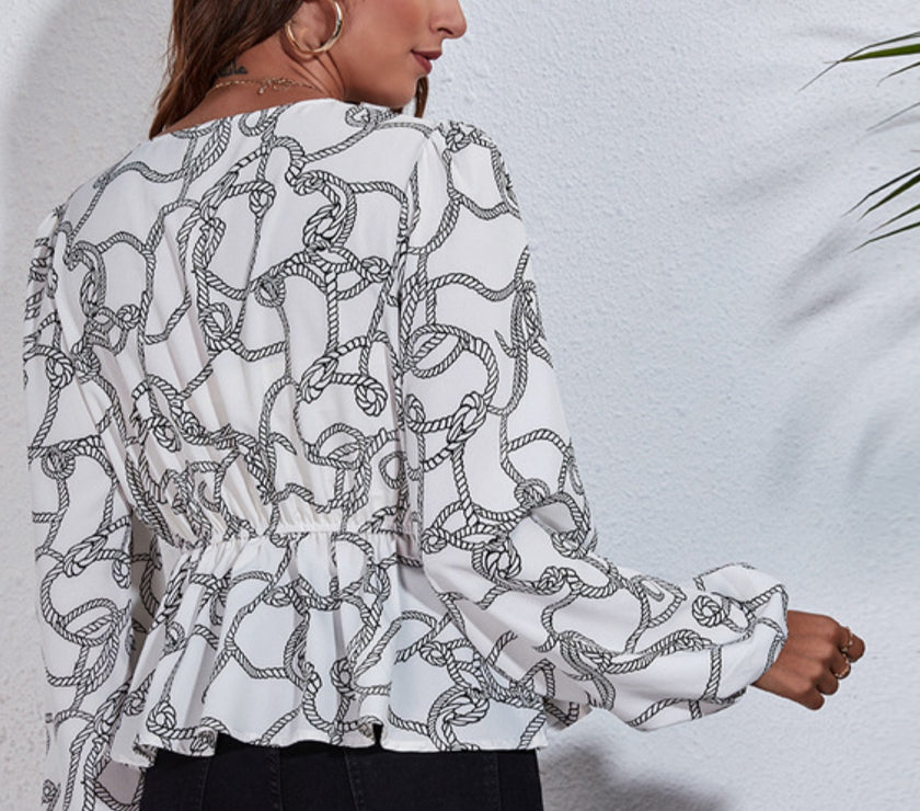 Ruched Printed V-Neck Long Sleeve Blouse