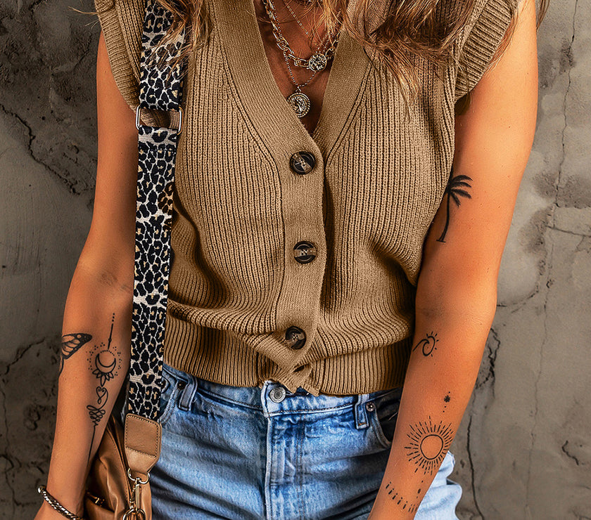 Parchment V Neck Buttoned Front Sweater Vest