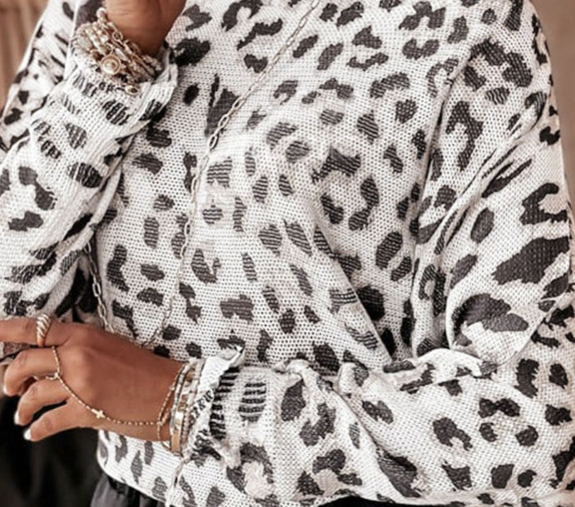 Leopard Boat Neck Long Sleeve Knit Top