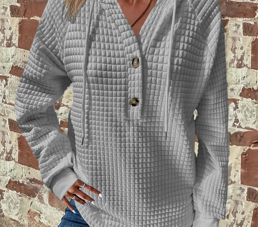 Full Size Texture Button Detail Drawstring Long Sleeve Hoodie