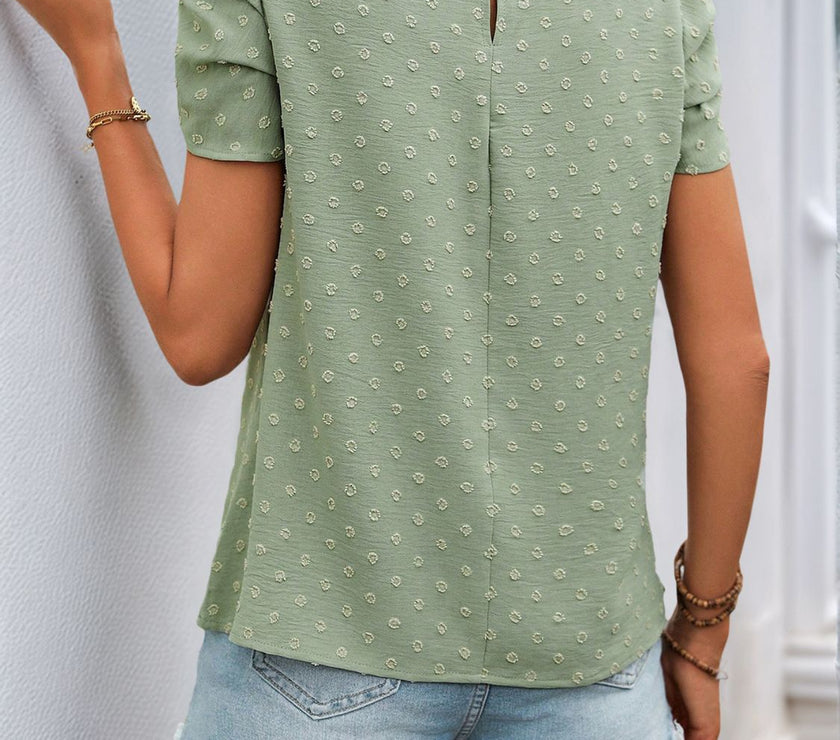 Perfee Swiss Dot Round Neck Petal Sleeve Blouse
