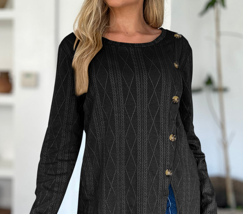 FAM-FAM Slit Round Neck Long Sleeve T-Shirt