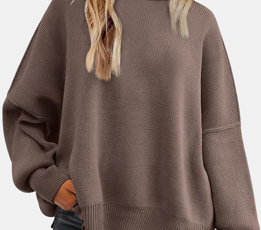 Round Neck Drop Shoulder Slit Sweater