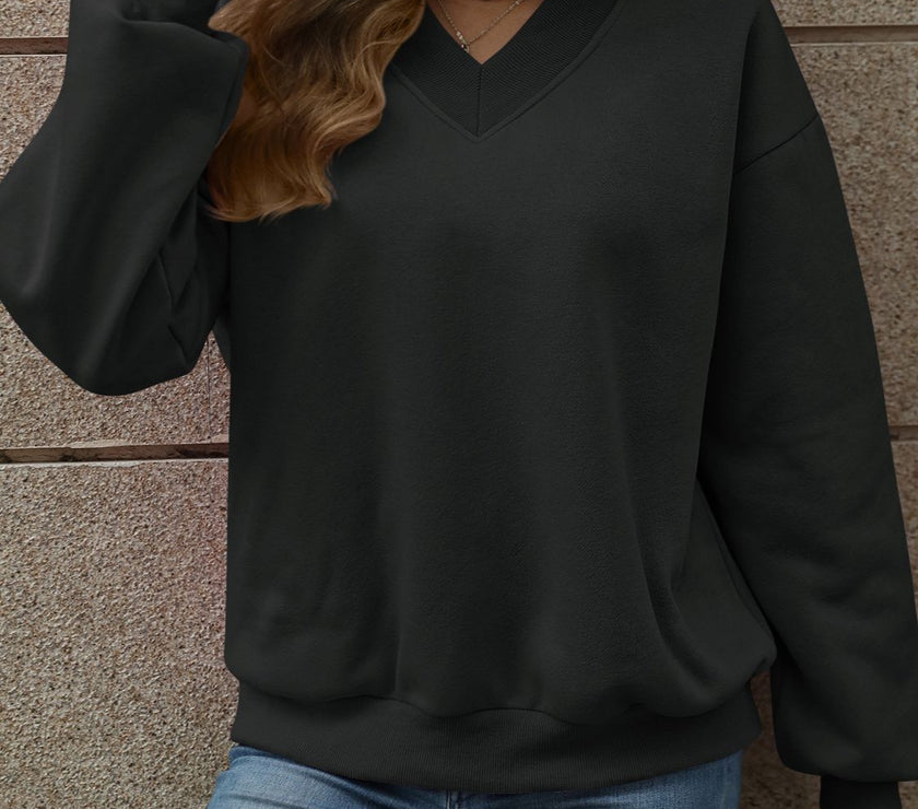 V-Neck Long Sleeve Dropped Shoulder Sweatshirt