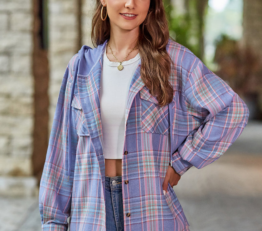Mandy Plaid Long Sleeve Hooded Jacket