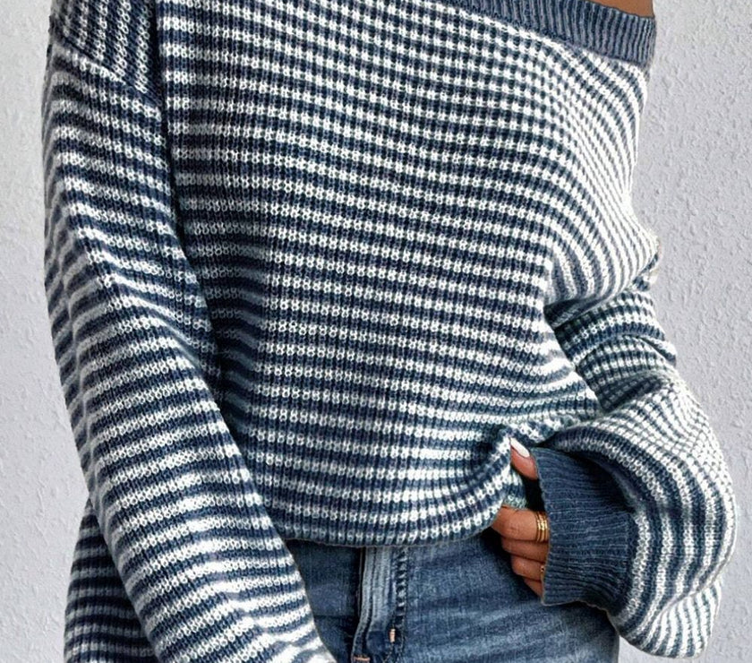 Striped Boat Neck Long Sleeve Sweater