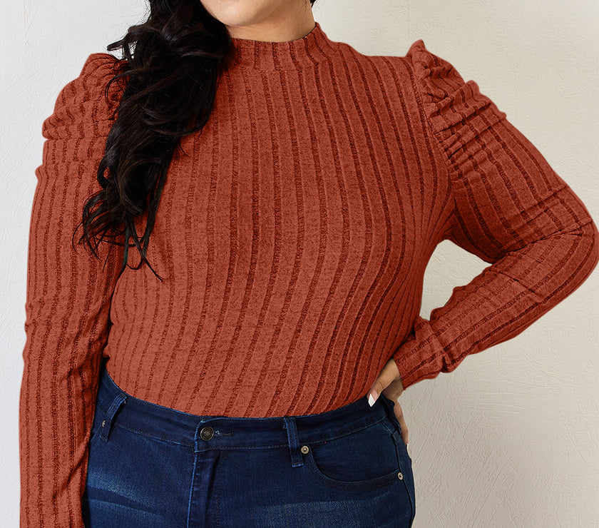 Basic Bae Full Size Ribbed Mock Neck Puff Sleeve T-Shirt