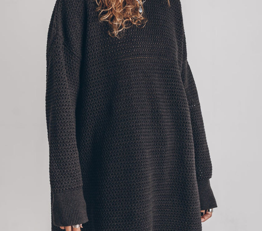 Openwork Round Neck Long Sleeve Slit Sweater