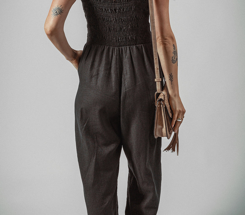 Black Spaghetti Straps Shirred Bodice Pocketed Wide Leg Jumpsuit