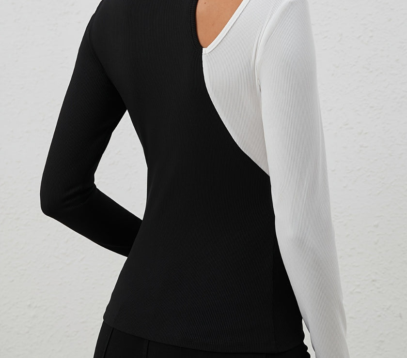 Cutout Contrast Mock Neck Long Sleeve T-Shirt