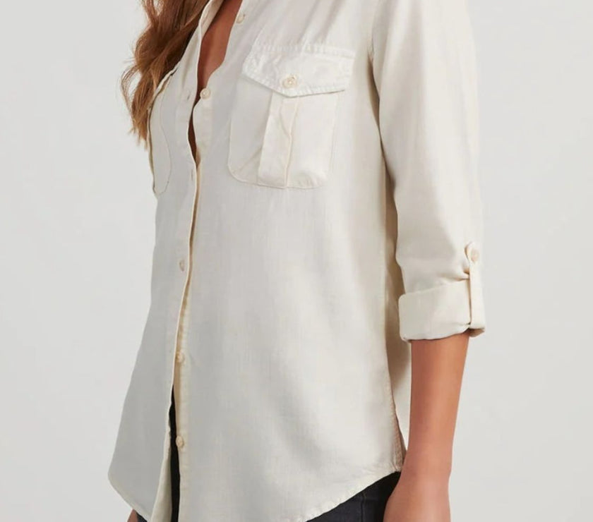 Collared Neck Roll-Tab Sleeve Denim Top