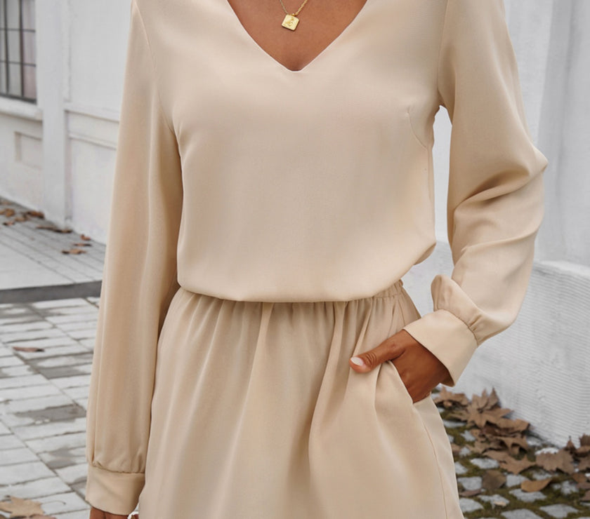 Devine Cutout V-Neck Long Sleeve Mini Dress