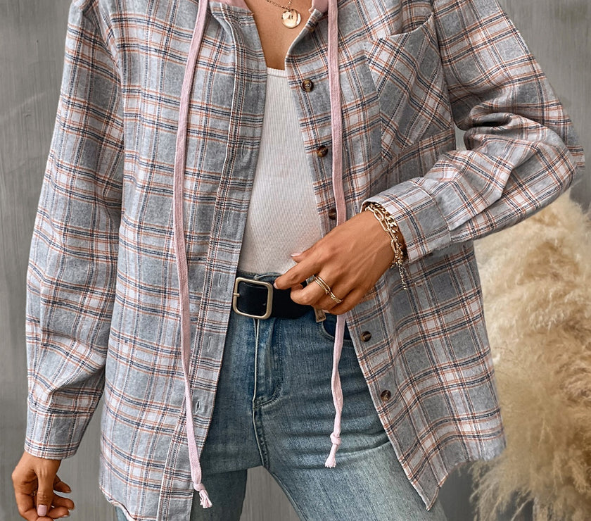 Plaid Long Sleeve Hooded Jacket