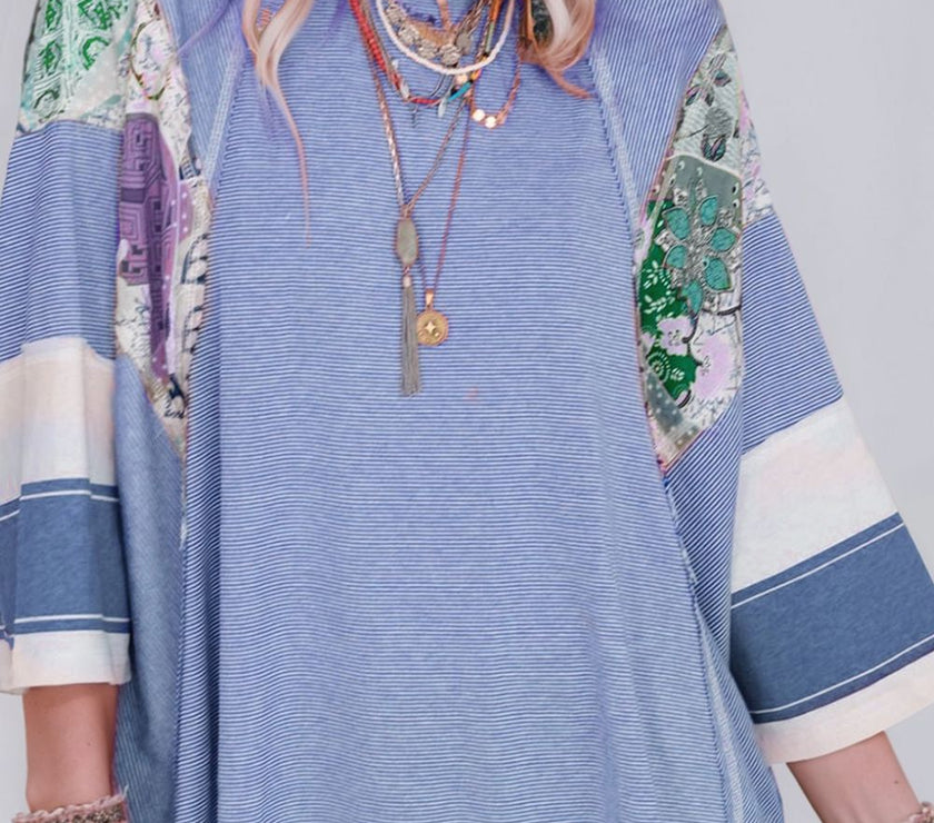 Striped Floral Patchwork Round Neck Top