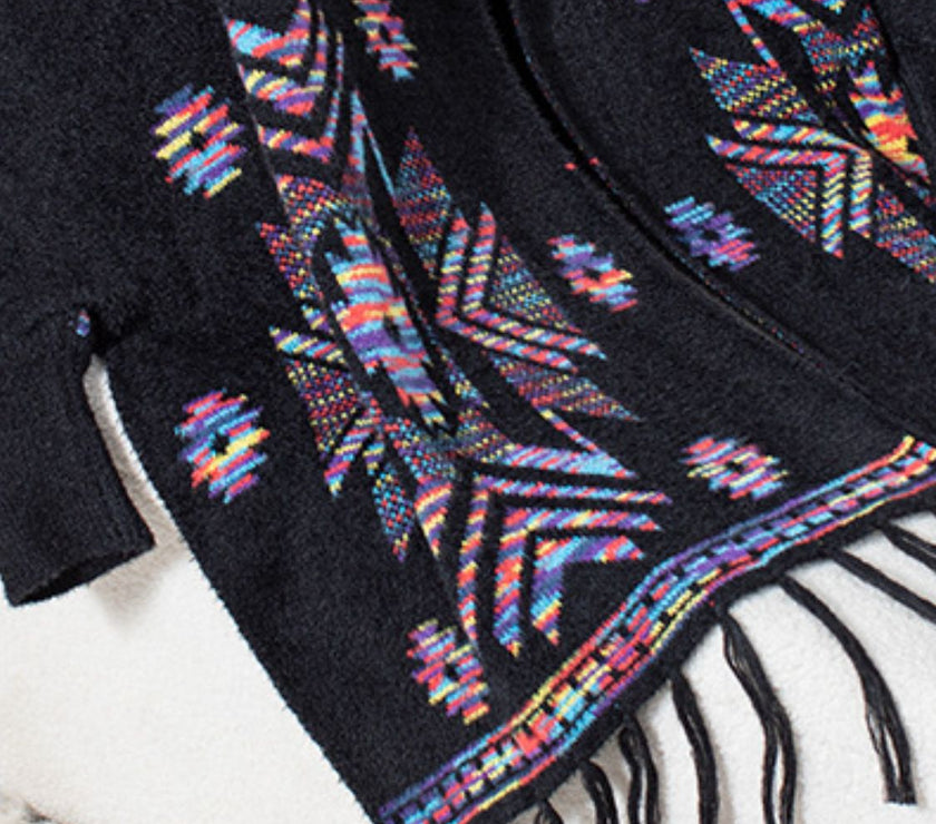 Fringe Geometric Open Front Long Sleeve Cape