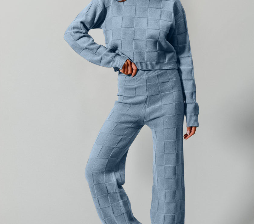 Double Take Full Size Checkered Round Neck Top and Pants Set