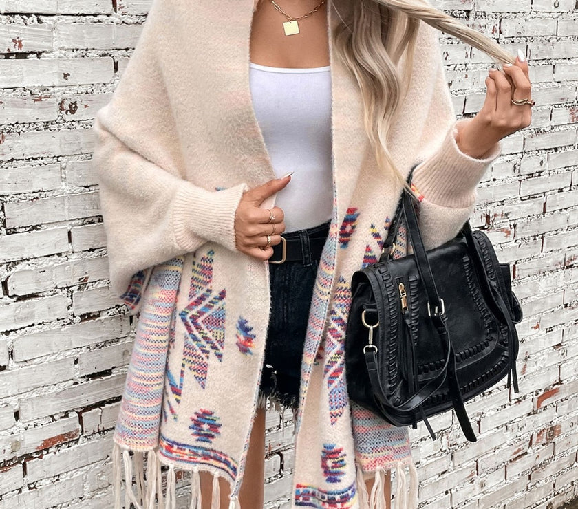 Fringe Geometric Open Front Long Sleeve Cape