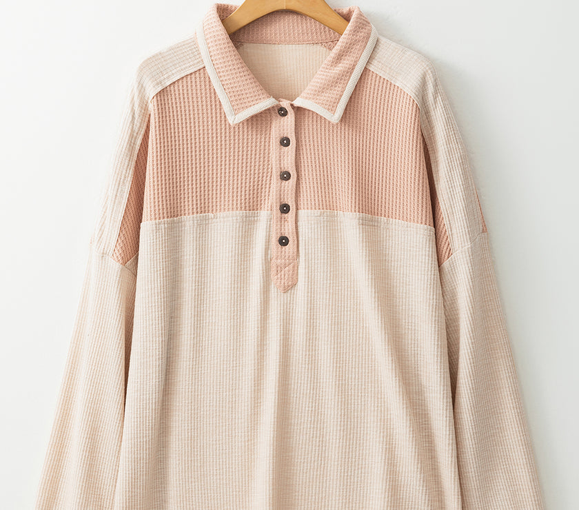 Waffle-Knit Color Block Half Button Long Sleeve Top
