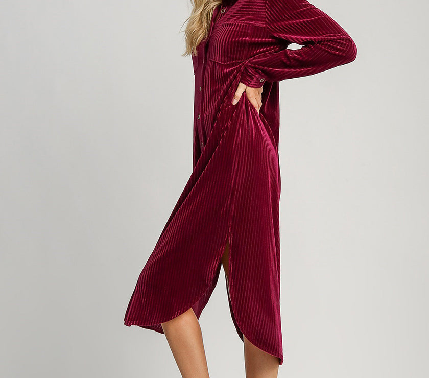Umgee Texture Curved Hem Button Down Shirt Dress
