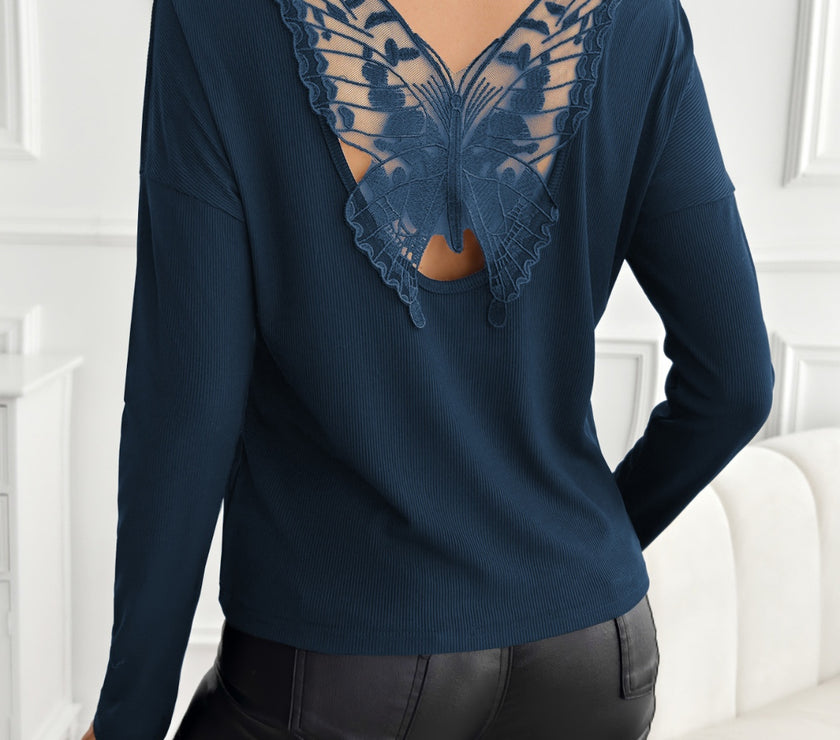 Lace Detail Butterfly Back Round Neck Long Sleeve T-Shirt