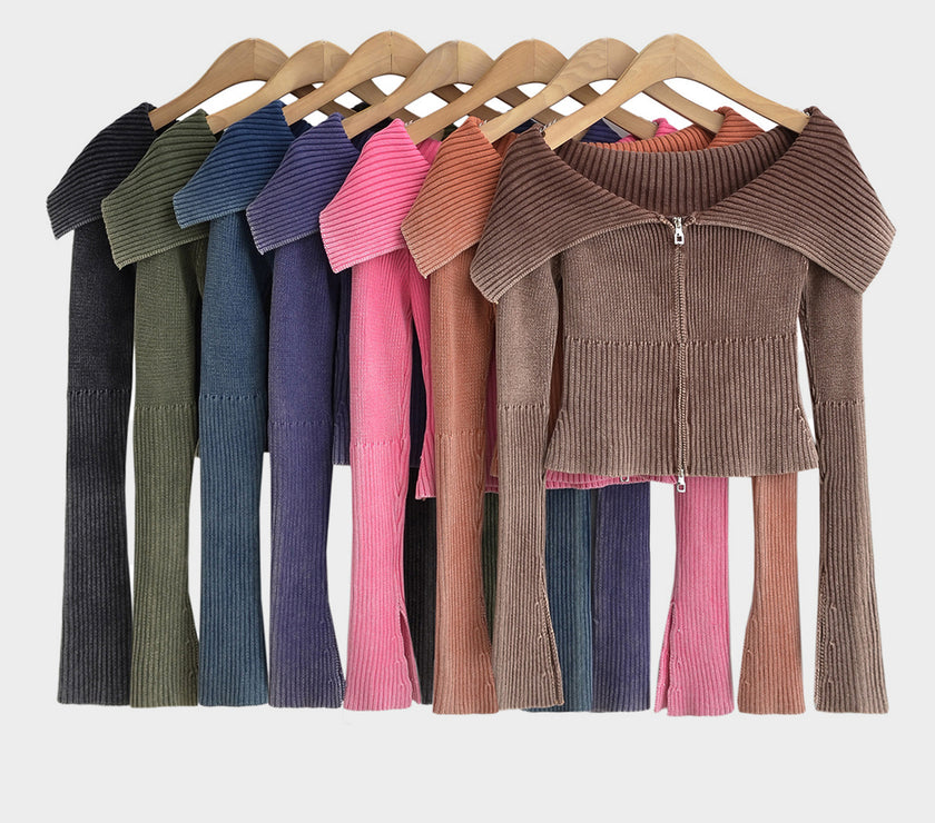 Double Take Ribbed Off-Shoulder Zip Up Long Sleeve Cardigan