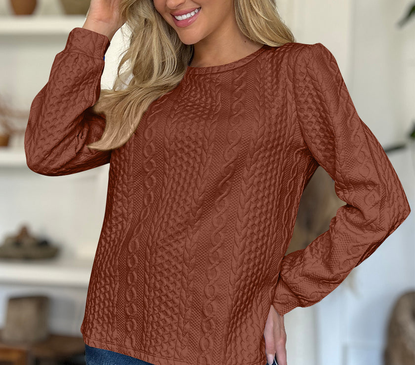FAM-FAM Textured Round Neck Long Sleeve Sweatshirt