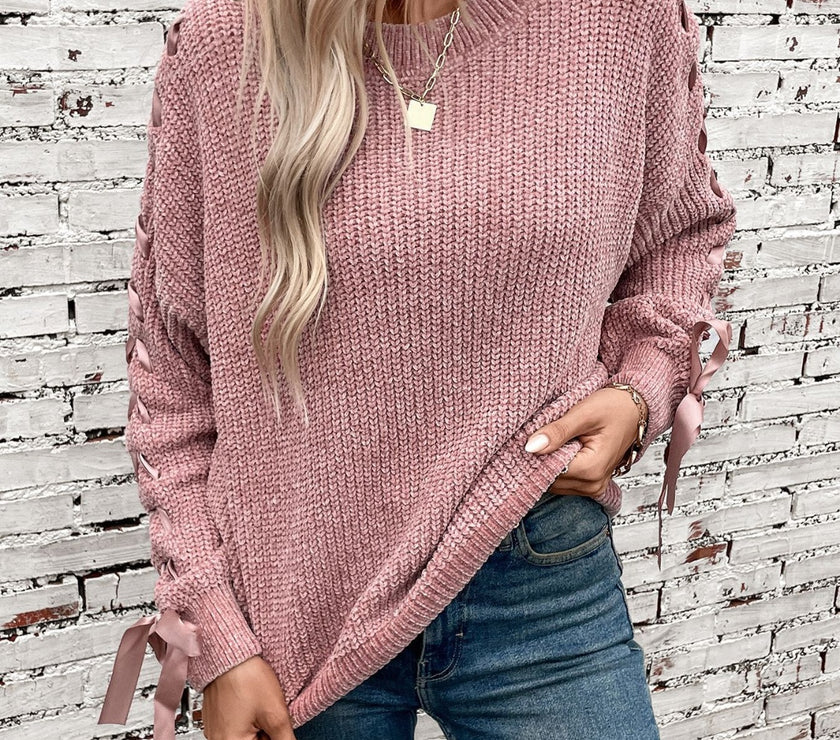Lace Up Round Neck Long Sleeve Sweater