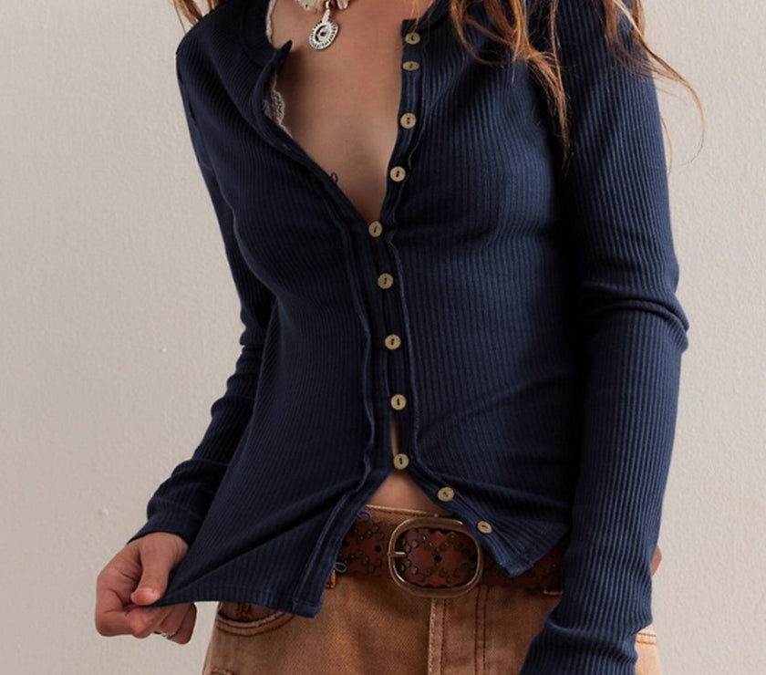 Ribbed Round Neck Long Sleeve Top