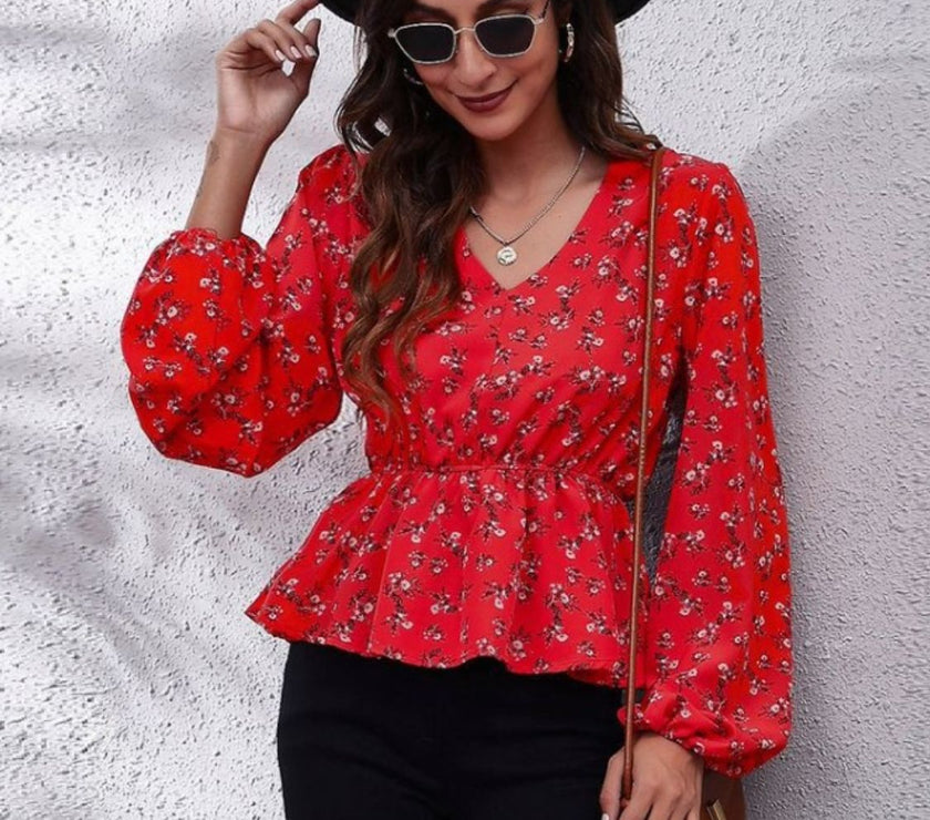 Ruched Printed V-Neck Long Sleeve Blouse