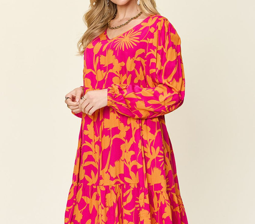 Double Take Full Size Printed Ruffle Hem Dress with Pocket