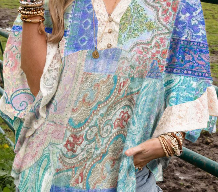 Lace Detail Patchwork Notched Three-Quarter Sleeve Blouse