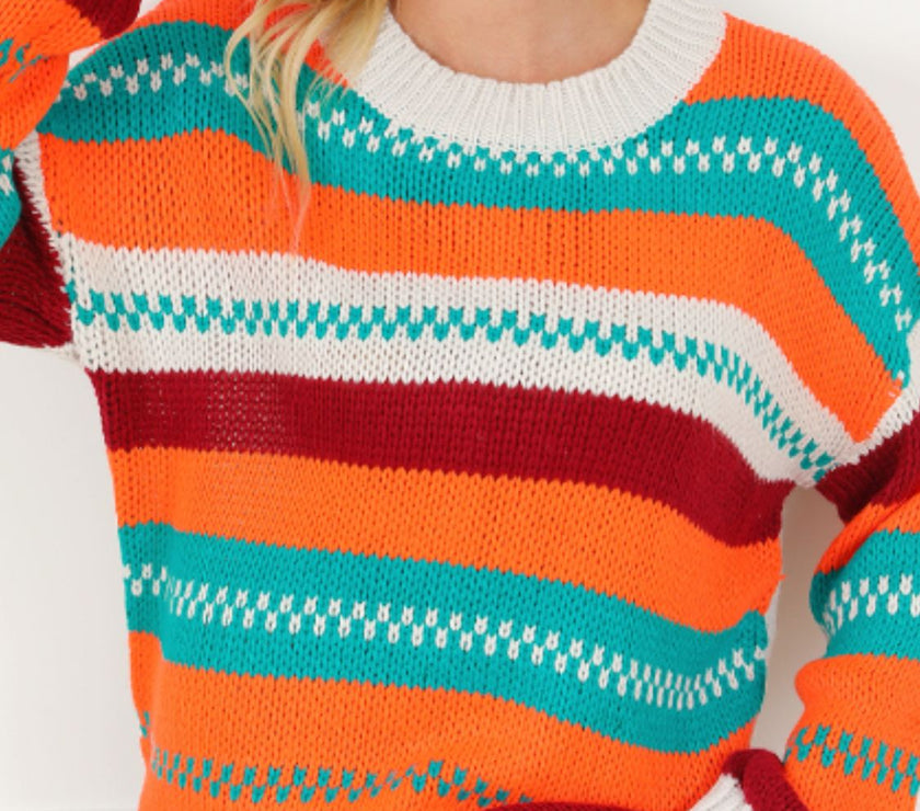 Contrast Striped Round Neck Long Sleeve Sweater