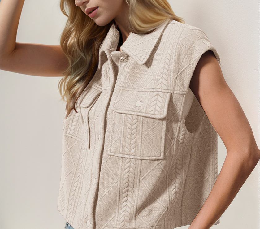 Double Take Snap Down Texture Crop Vest