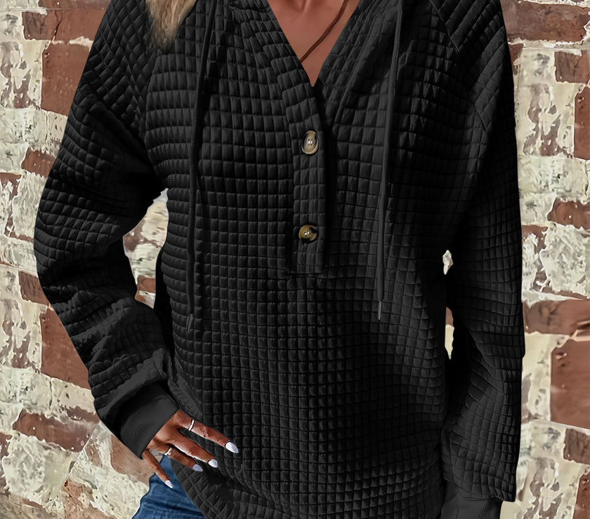 Full Size Texture Button Detail Drawstring Long Sleeve Hoodie