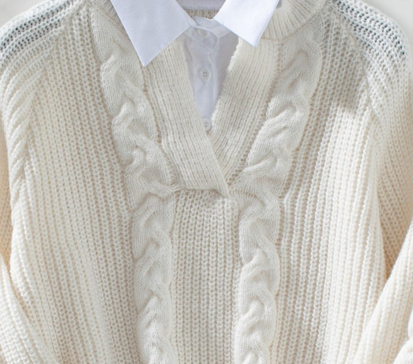Cable-Knit Collared Neck Faux Layered Sweater