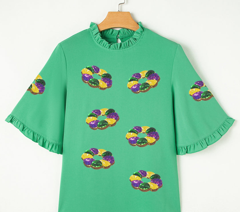 Green Sequin Doughnut Graphic Ruffled Trim Bell Sleeve Mardi Gras Blouse