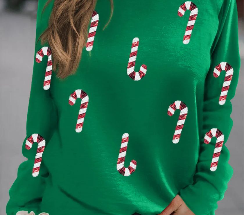 Candy Cane Round Neck Long Sleeve Sweatshirt