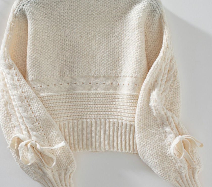 Cable-Knit Tied Open Front Lantern Sleeve Cardigan