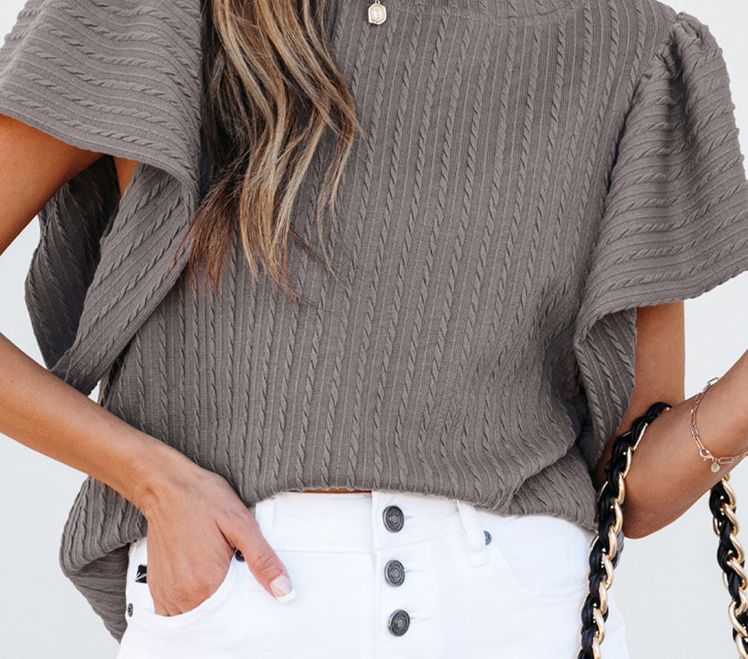 Sleet Solid Color Textured Flutter Sleeve Top