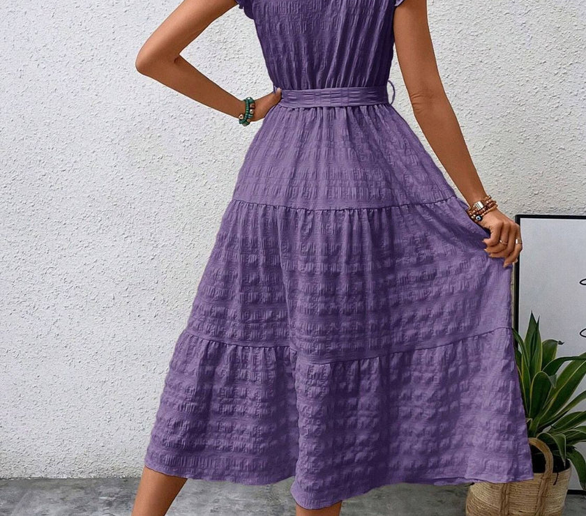 Tied Ruffled Cap Sleeve Midi Dress