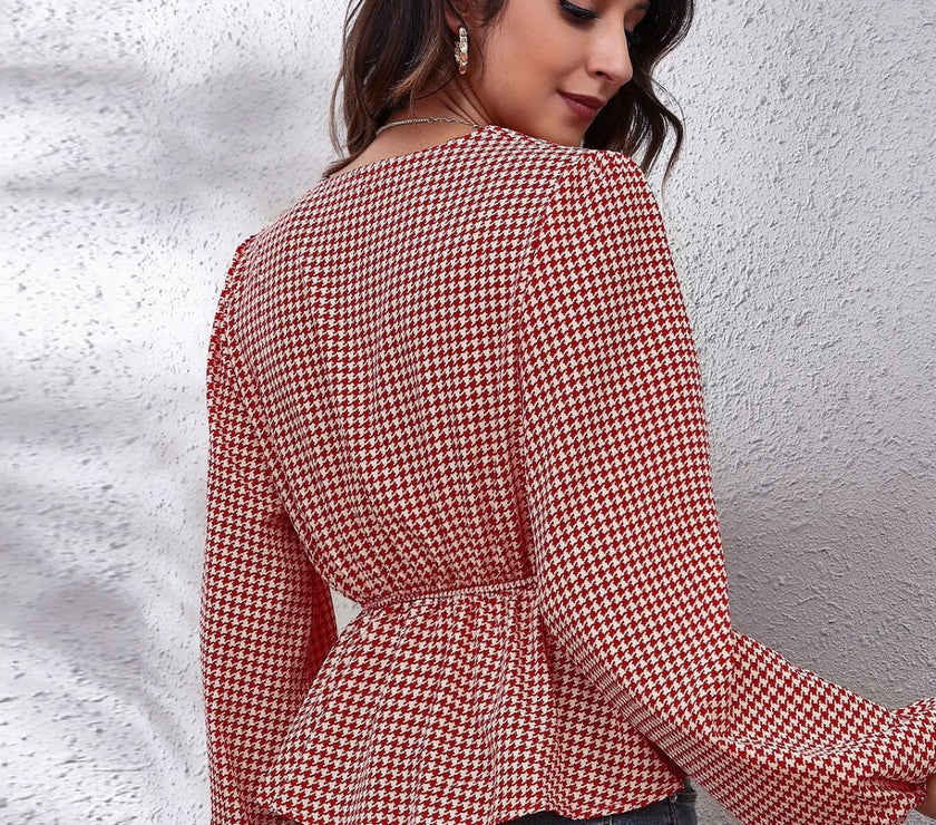 Ruched Printed V-Neck Long Sleeve Blouse