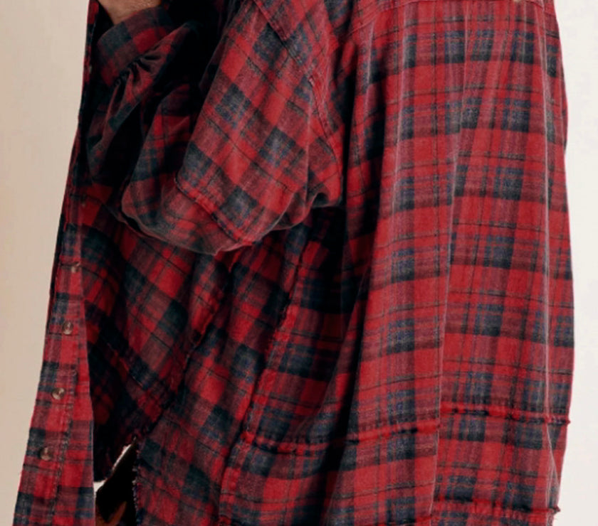 Exposed Seam Plaid Collared Neck Long Sleeve Shirt