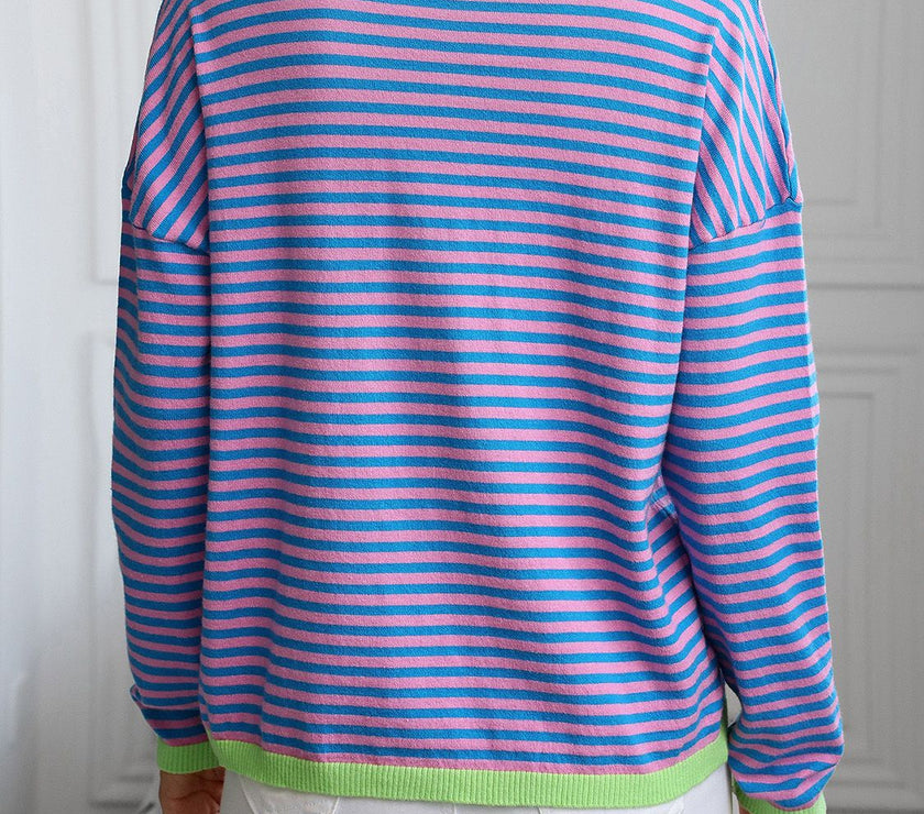 Contrast Trim Striped V-Neck Long Sleeve Knit Top