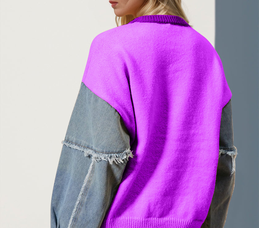 Double Take Full Size Star Pattern Raw Edge Long Sleeve Sweater