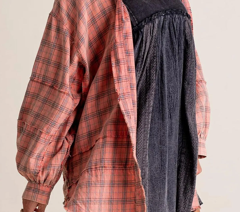 Exposed Seam Plaid Collared Neck Long Sleeve Shirt