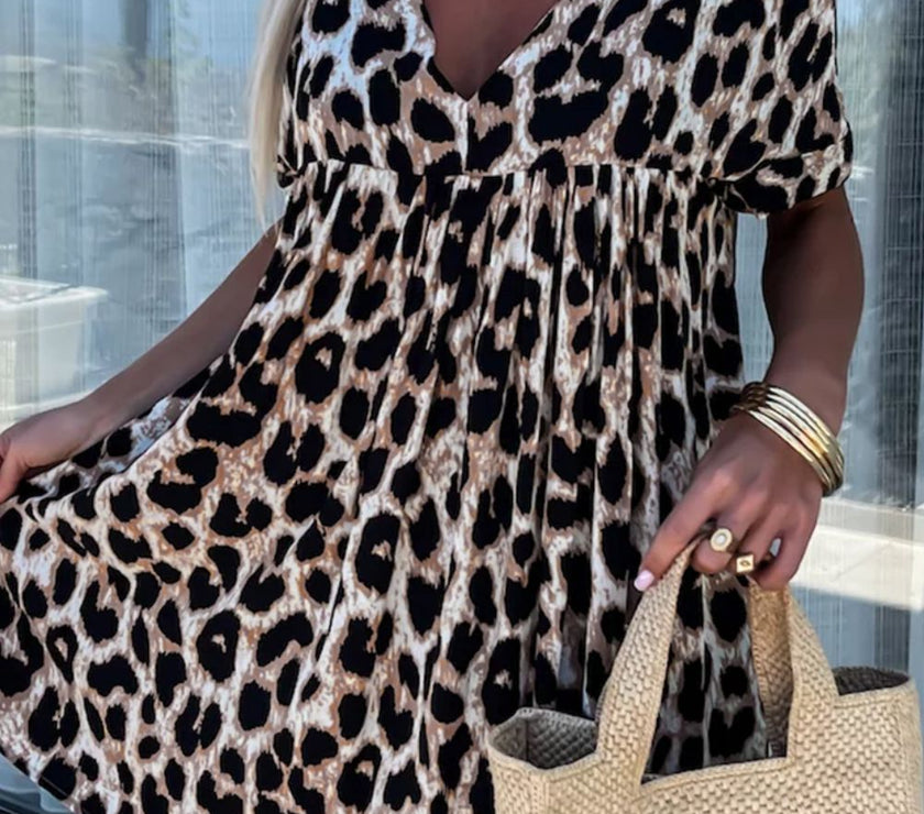 Cutout Back Leopard V-Neck Short Sleeve Mini Dress